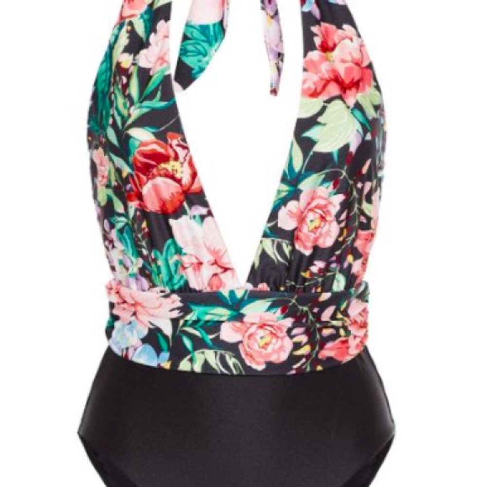 Zimmermann Bellitude Plunge Floral Halter One-Piece Swimsuit
